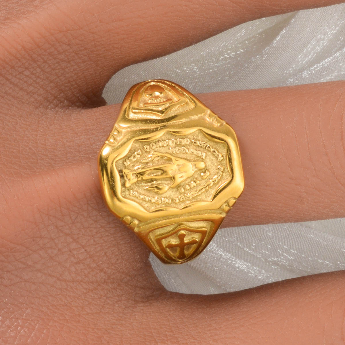 Women's 18K Gold Plated Signet Ring with Religious Engraving